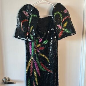 Vintage Black Sequin Evening Gown with Sculptural Shoulders